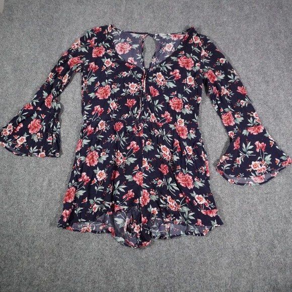 American Eagle Outfitters Floral Romper Navy Red Bell Sleeve Medium - Picture 1 of 12
